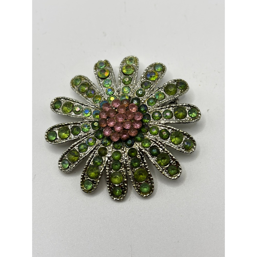 Unbranded Daisy Flower Brooch Womens OS Green Pink Rhinestone Silver Tone Pin